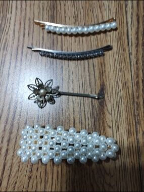 Pearl Accent Hair Clip Set - Faux Pearls on Gold & Silver Bases